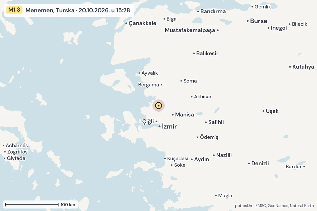 Karta: šire područje, 600 km, potres M1,3, Menemen, Turska, 20.10.2026.