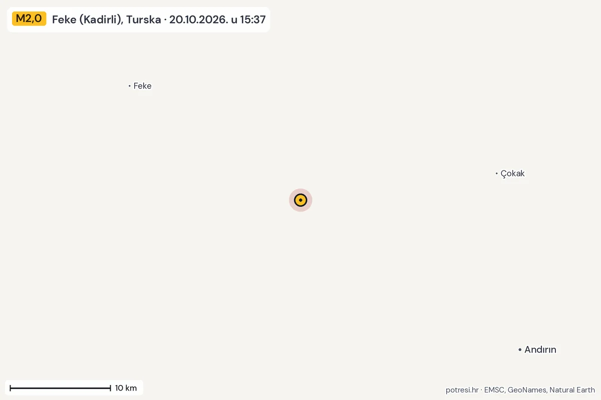 Karta: okolica epicentra, 60 km, potres M2,0, Feke (Kadirli), Turska, 20.10.2026.