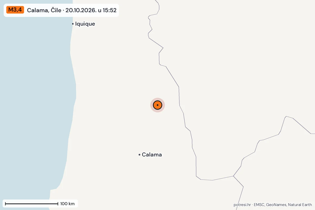 Karta: šire područje, 600 km, potres M3,4, Calama, Čile, 20.10.2026.