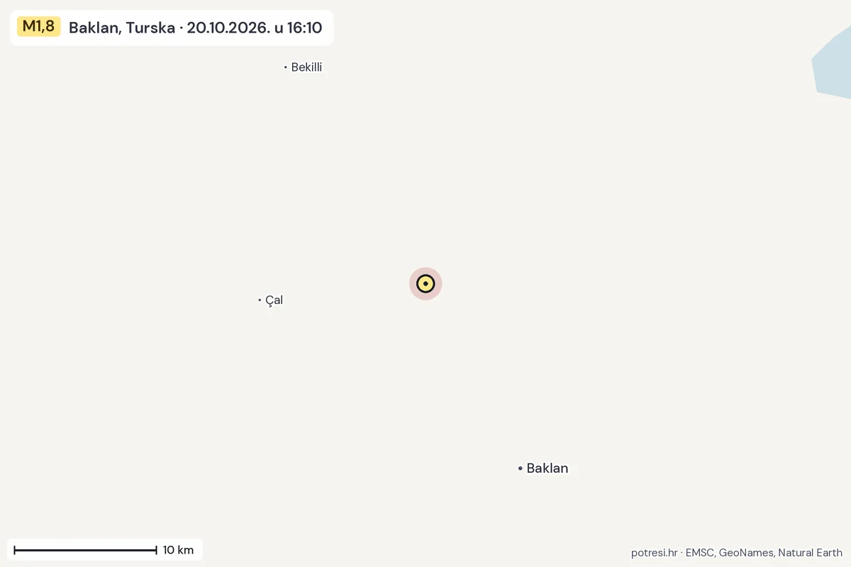 Karta: okolica epicentra, 60 km, potres M1,8, Baklan, Turska, 20.10.2026.