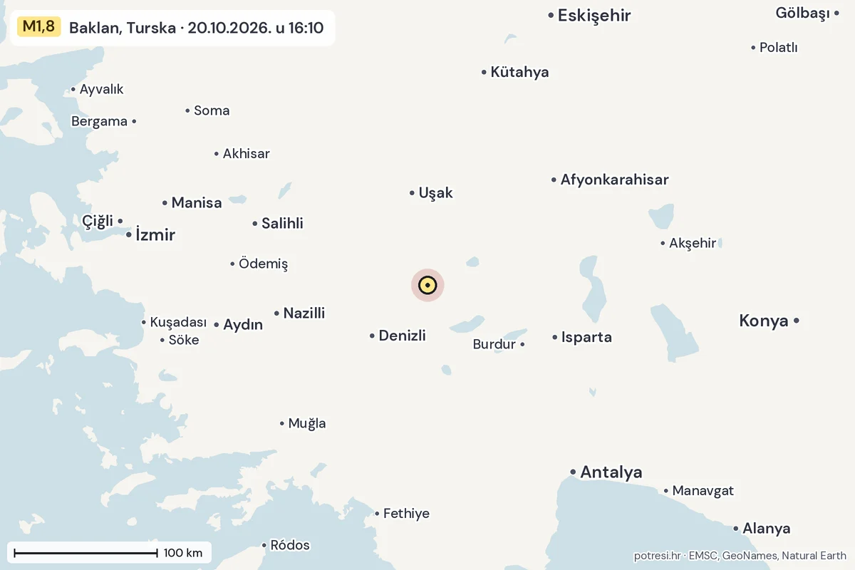 Karta: šire područje, 600 km, potres M1,8, Baklan, Turska, 20.10.2026.