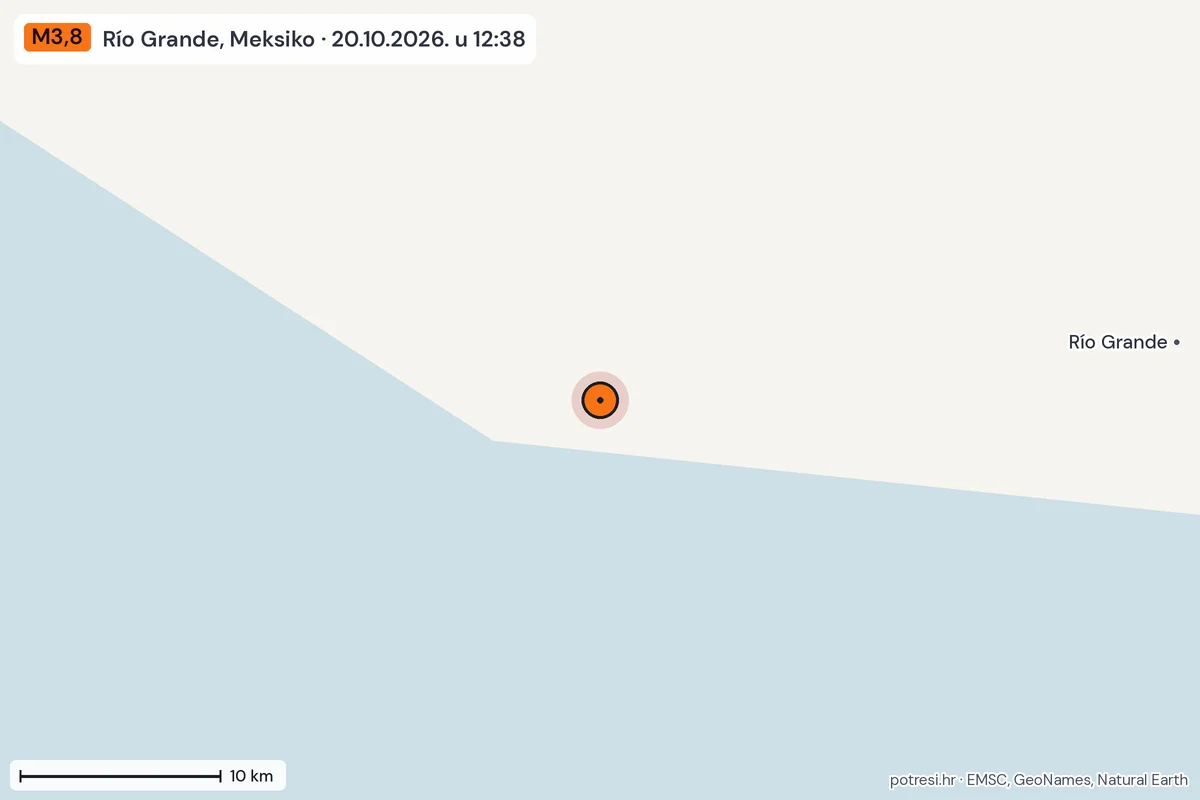 Karta: okolica epicentra, 60 km, potres M3,8, Río Grande, Meksiko, 20.10.2026.