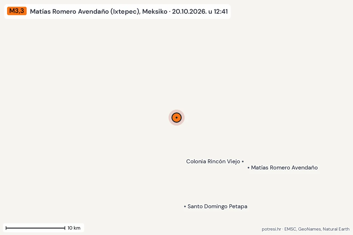 Karta: okolica epicentra, 60 km, potres M3,3, Matías Romero Avendaño (Ixtepec), Meksiko, 20.10.2026.