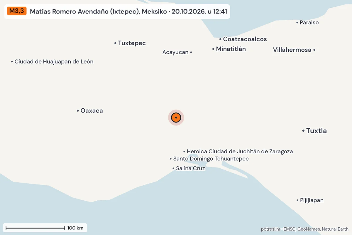 Karta: šire područje, 600 km, potres M3,3, Matías Romero Avendaño (Ixtepec), Meksiko, 20.10.2026.