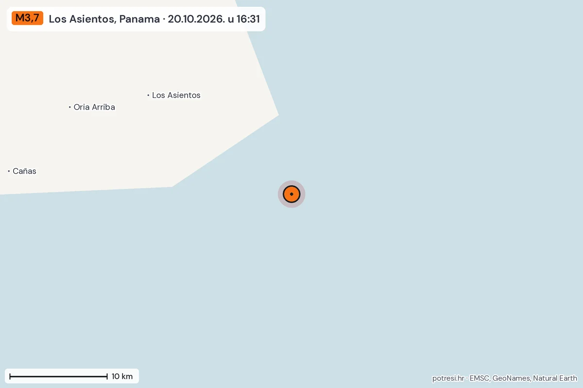Karta: okolica epicentra, 60 km, potres M3,7, Los Asientos, Panama, 20.10.2026.