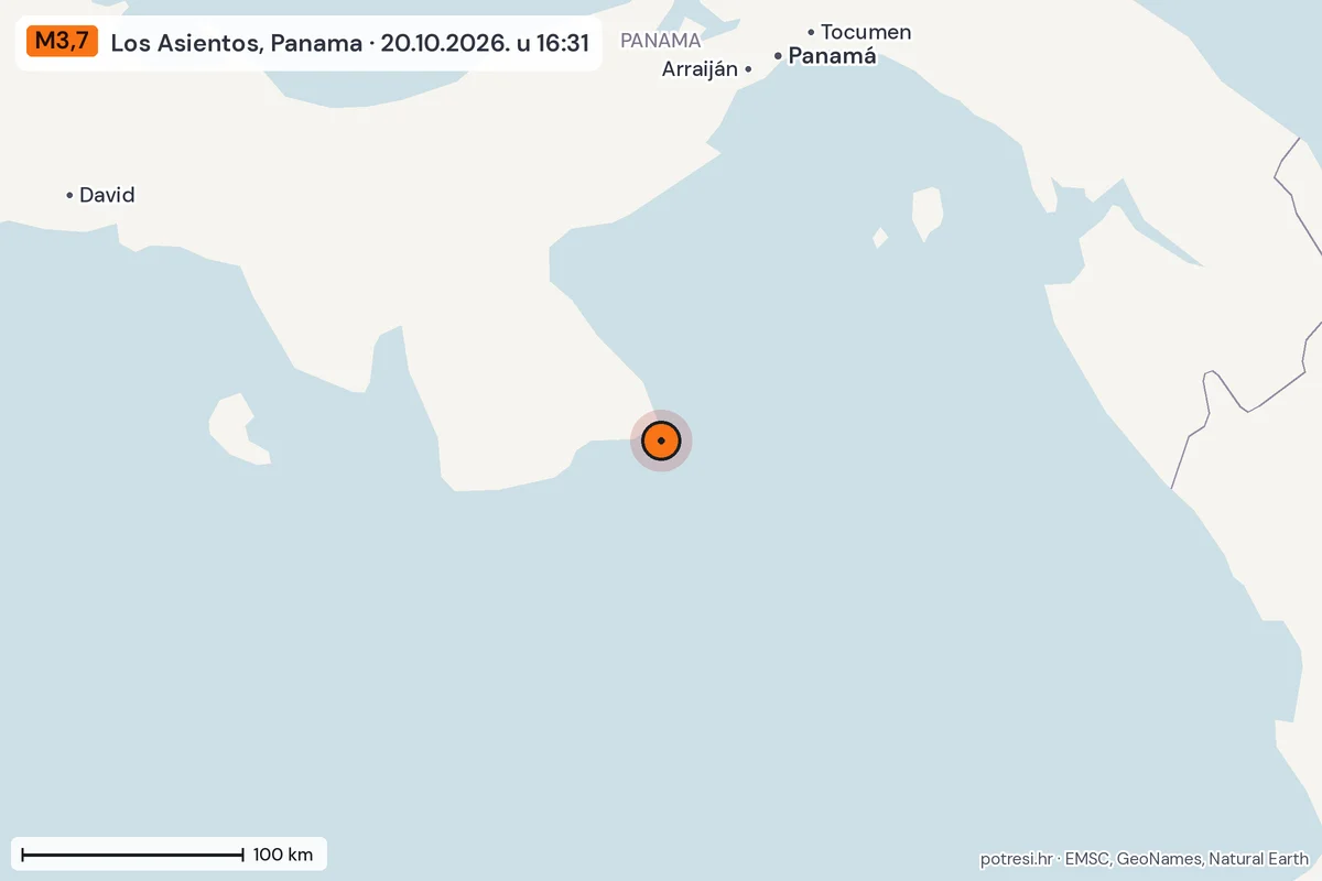 Karta: šire područje, 600 km, potres M3,7, Los Asientos, Panama, 20.10.2026.