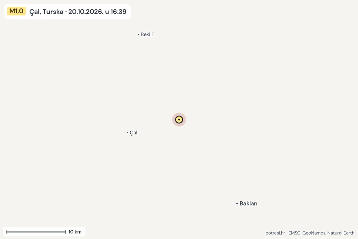 Karta: okolica epicentra, 60 km, potres M1,0, Çal, Turska, 20.10.2026.