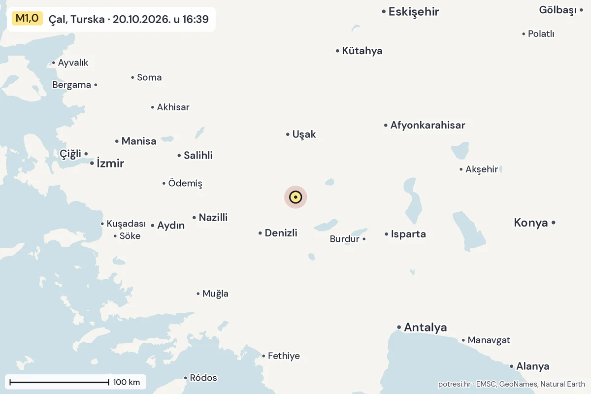 Karta: šire područje, 600 km, potres M1,0, Çal, Turska, 20.10.2026.