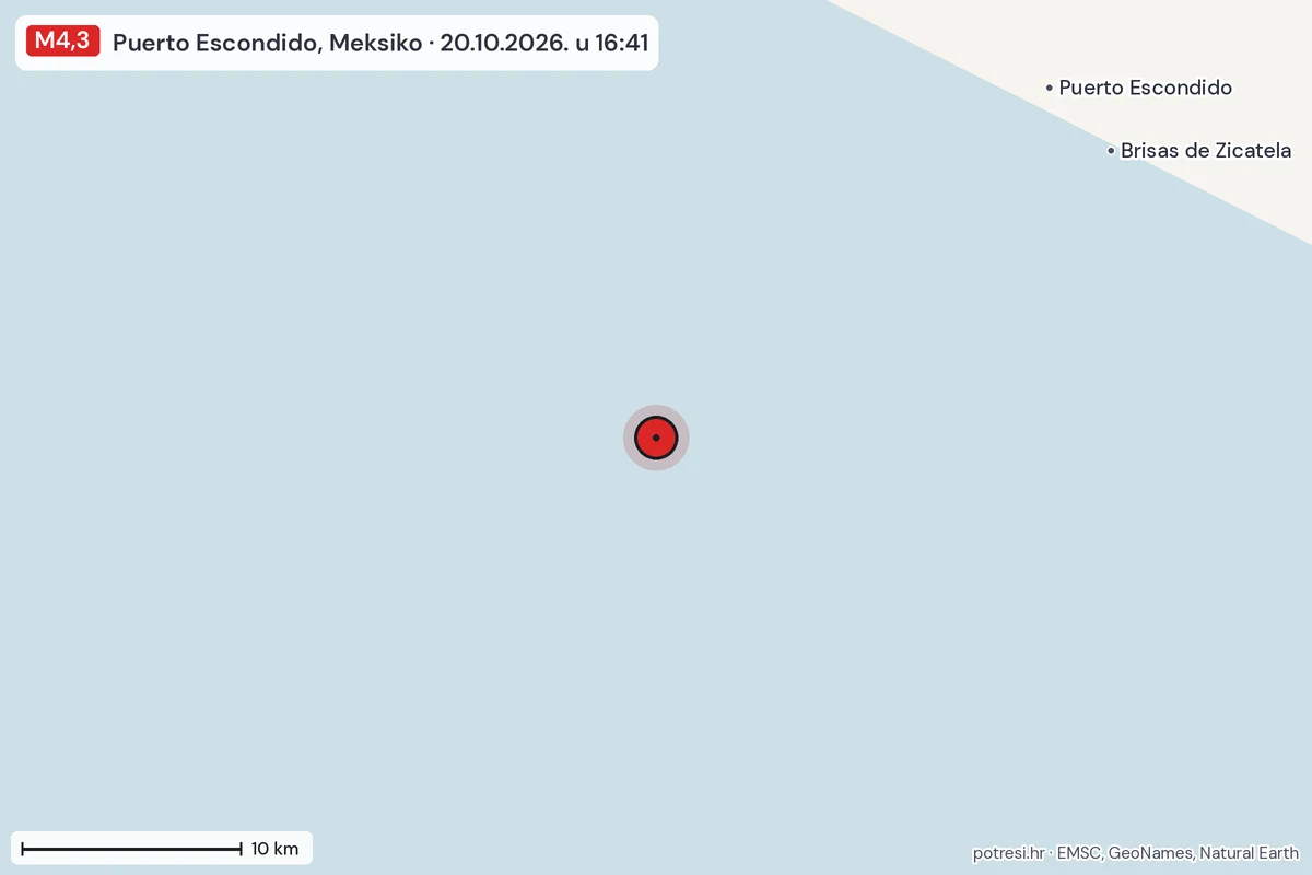 Karta: okolica epicentra, 60 km, potres M4,3, Puerto Escondido, Meksiko, 20.10.2026.