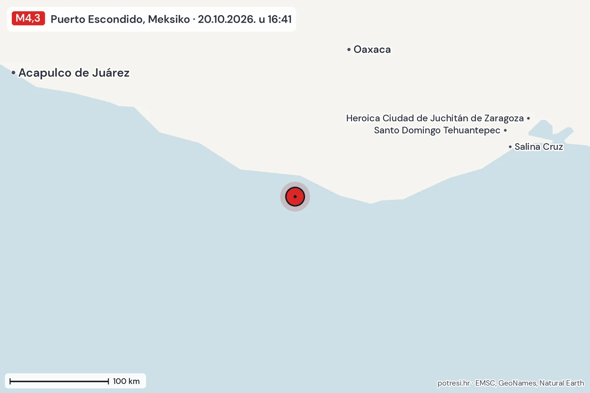 Karta: šire područje, 600 km, potres M4,3, Puerto Escondido, Meksiko, 20.10.2026.