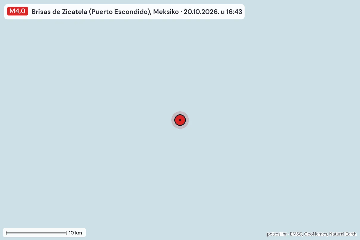 Karta: okolica epicentra, 60 km, potres M4,0, Brisas de Zicatela (Puerto Escondido), Meksiko, 20.10.2026.