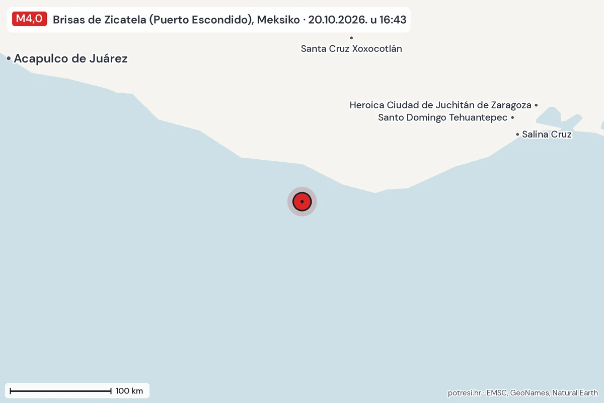Karta: šire područje, 600 km, potres M4,0, Brisas de Zicatela (Puerto Escondido), Meksiko, 20.10.2026.