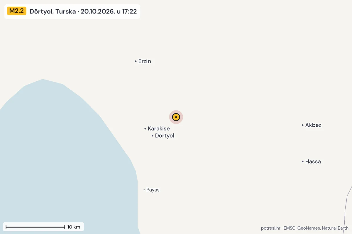 Karta: okolica epicentra, 60 km, potres M2,2, Dörtyol, Turska, 20.10.2026.
