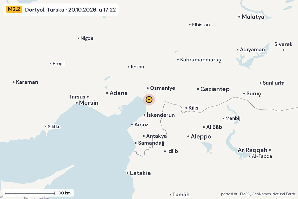 Karta: šire područje, 600 km, potres M2,2, Dörtyol, Turska, 20.10.2026.