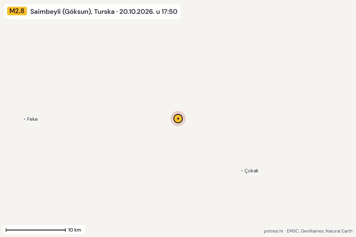Karta: okolica epicentra, 60 km, potres M2,8, Saimbeyli (Göksun), Turska, 20.10.2026.