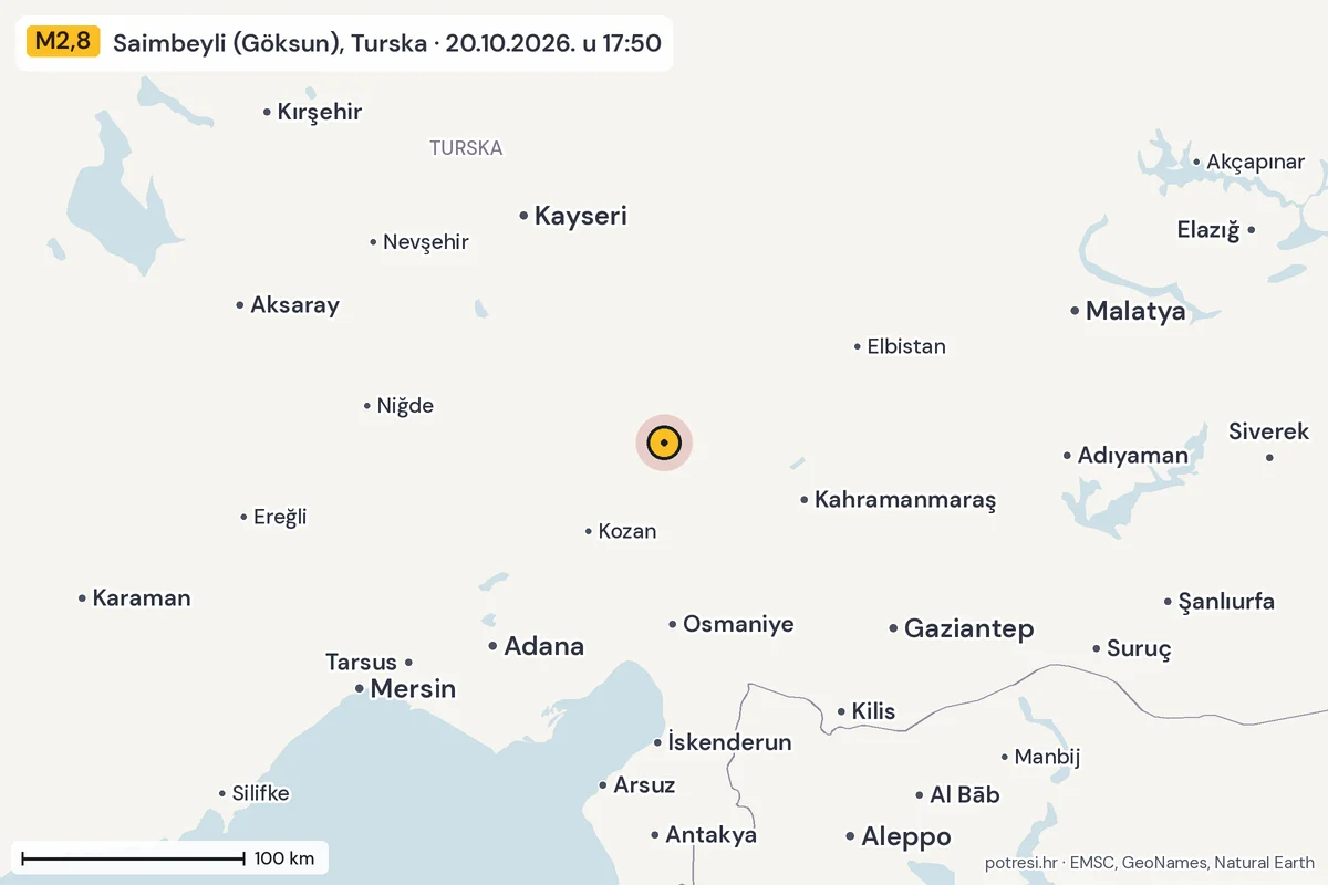 Karta: šire područje, 600 km, potres M2,8, Saimbeyli (Göksun), Turska, 20.10.2026.