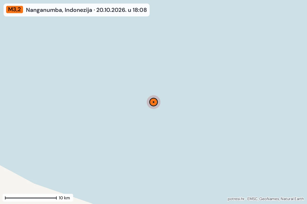 Karta: okolica epicentra, 60 km, potres M3,2, Nanganumba, Indonezija, 20.10.2026.