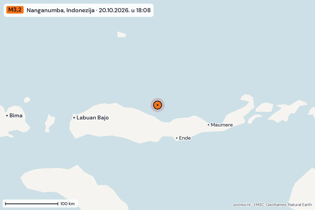 Karta: šire područje, 600 km, potres M3,2, Nanganumba, Indonezija, 20.10.2026.