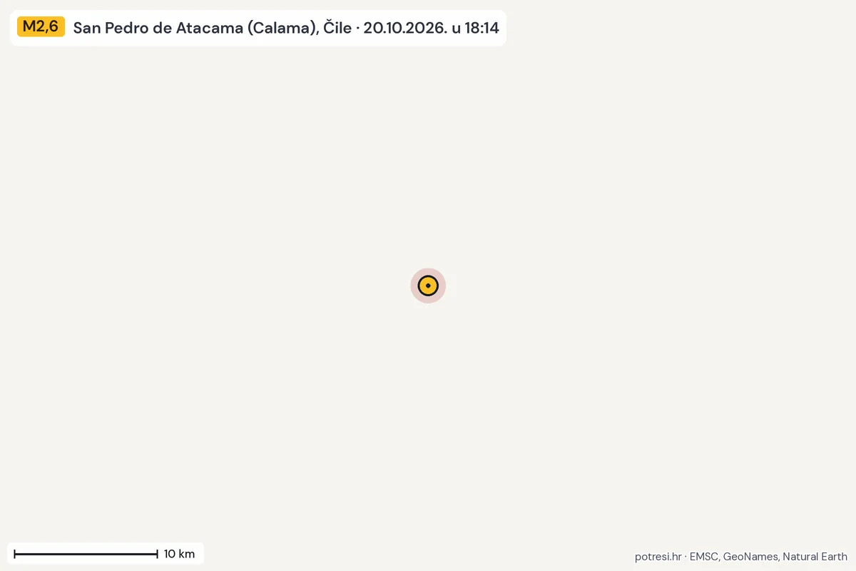 Karta: okolica epicentra, 60 km, potres M2,6, San Pedro de Atacama (Calama), Čile, 20.10.2026.