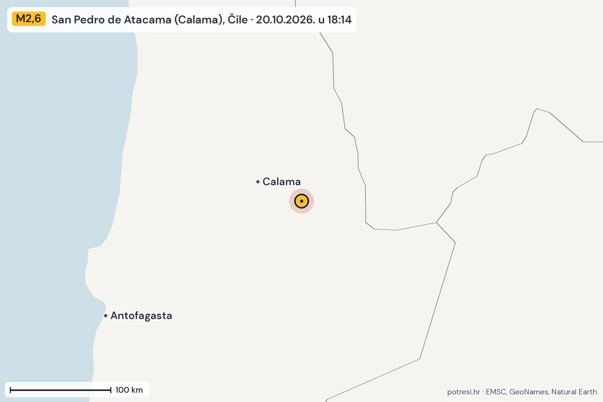 Karta: šire područje, 600 km, potres M2,6, San Pedro de Atacama (Calama), Čile, 20.10.2026.