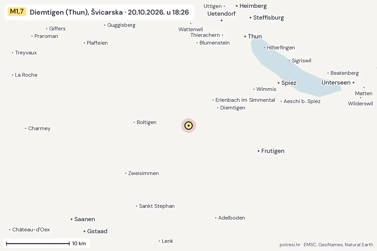 Karta: okolica epicentra, 60 km, potres M1,7, Diemtigen (Thun), Švicarska, 20.10.2026.