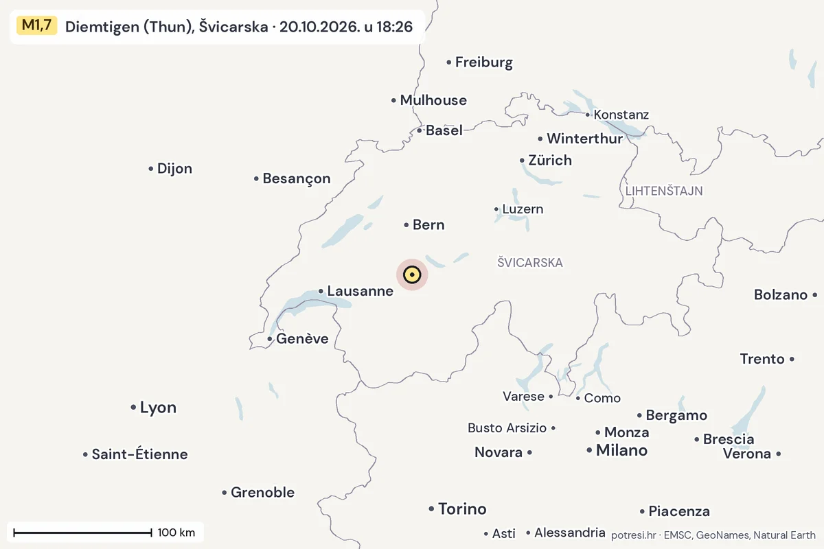 Karta: šire područje, 600 km, potres M1,7, Diemtigen (Thun), Švicarska, 20.10.2026.