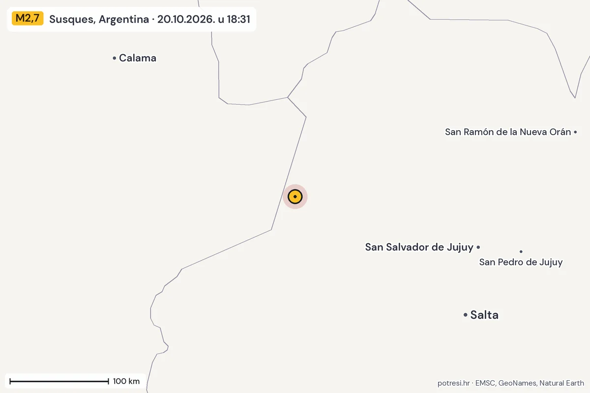 Karta: šire područje, 600 km, potres M2,7, Susques, Argentina, 20.10.2026.