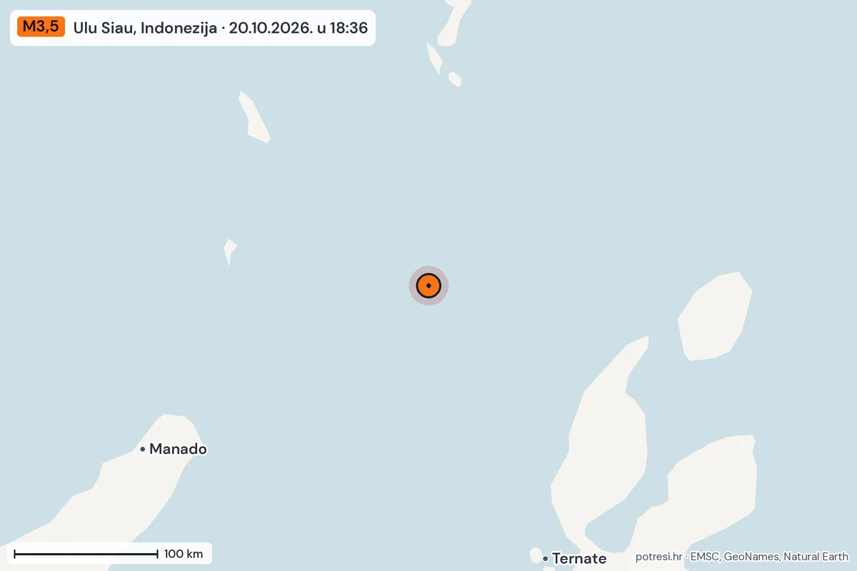 Karta: šire područje, 600 km, potres M3,5, Ulu Siau, Indonezija, 20.10.2026.