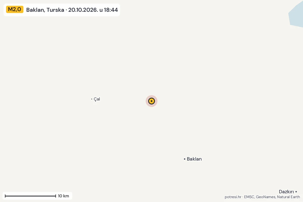 Karta: okolica epicentra, 60 km, potres M2,0, Baklan, Turska, 20.10.2026.