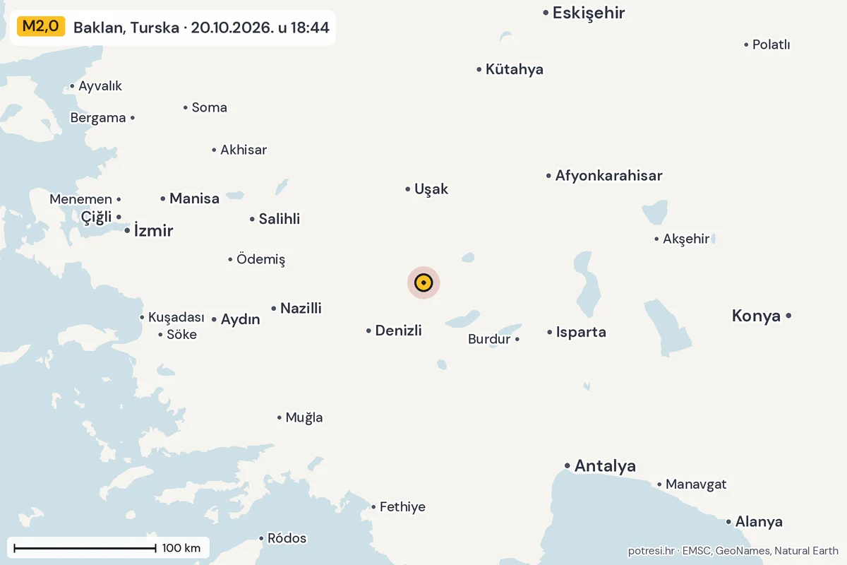 Karta: šire područje, 600 km, potres M2,0, Baklan, Turska, 20.10.2026.