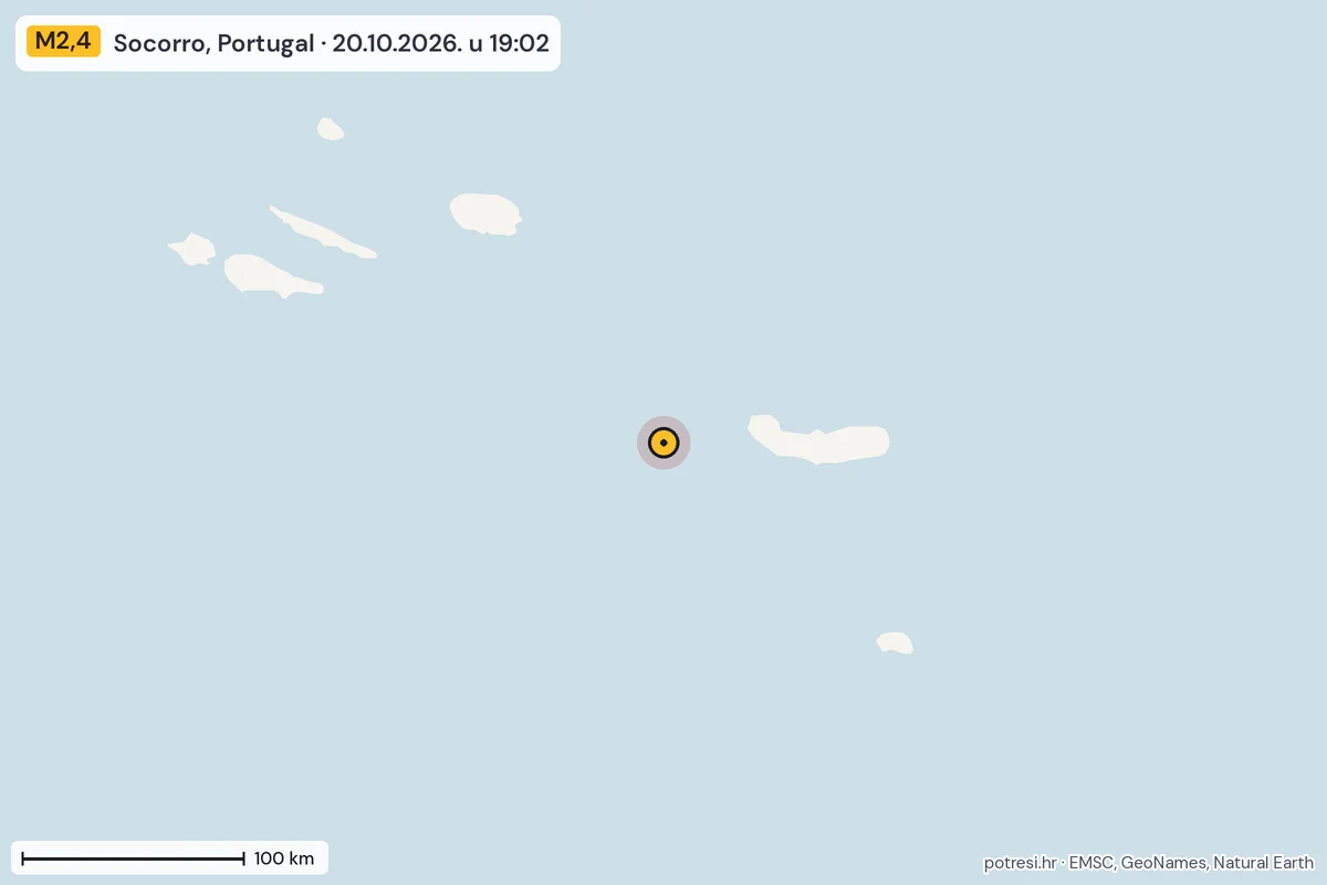 Karta: šire područje, 600 km, potres M2,4, Socorro, Portugal, 20.10.2026.