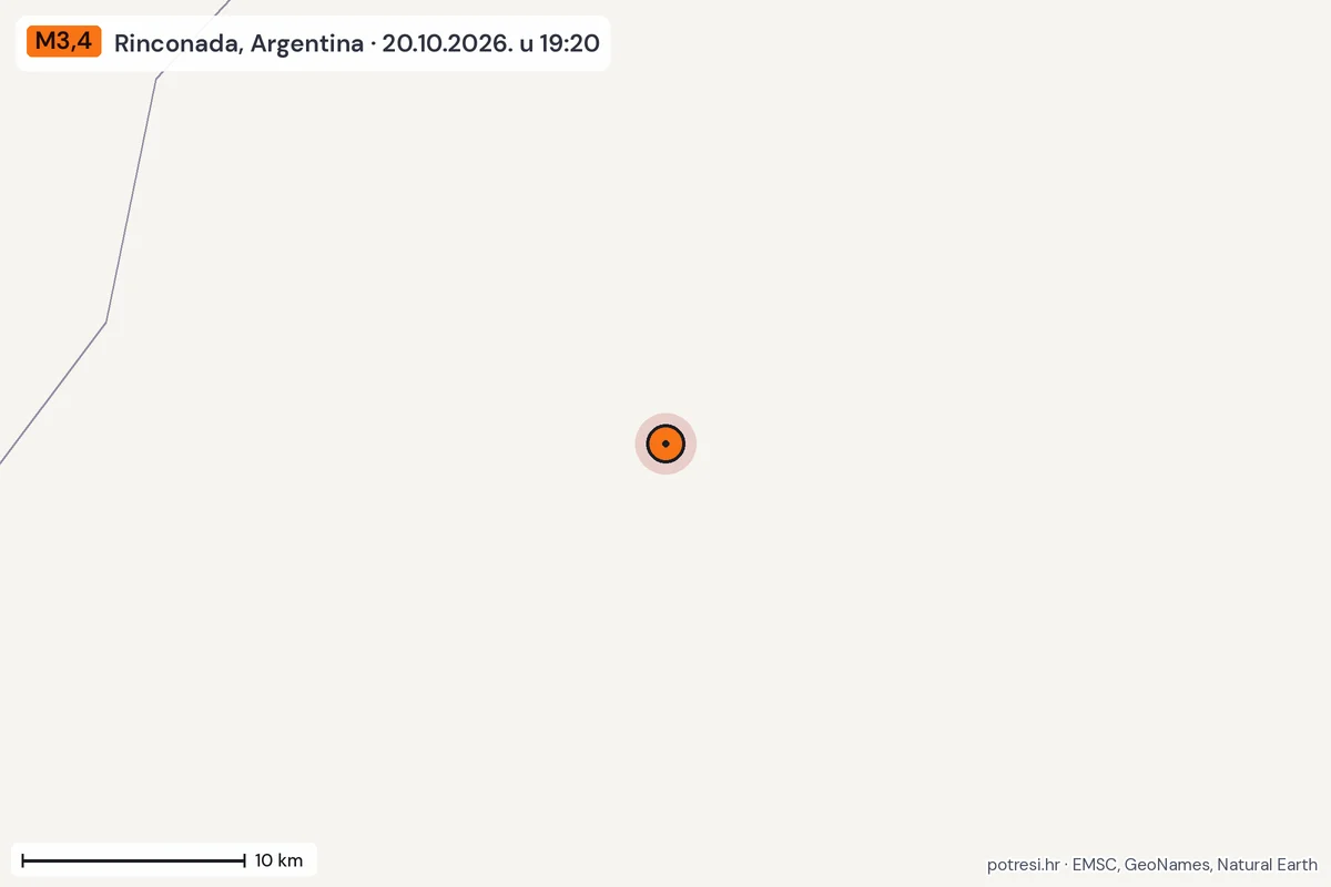 Karta: okolica epicentra, 60 km, potres M3,4, Rinconada, Argentina, 20.10.2026.