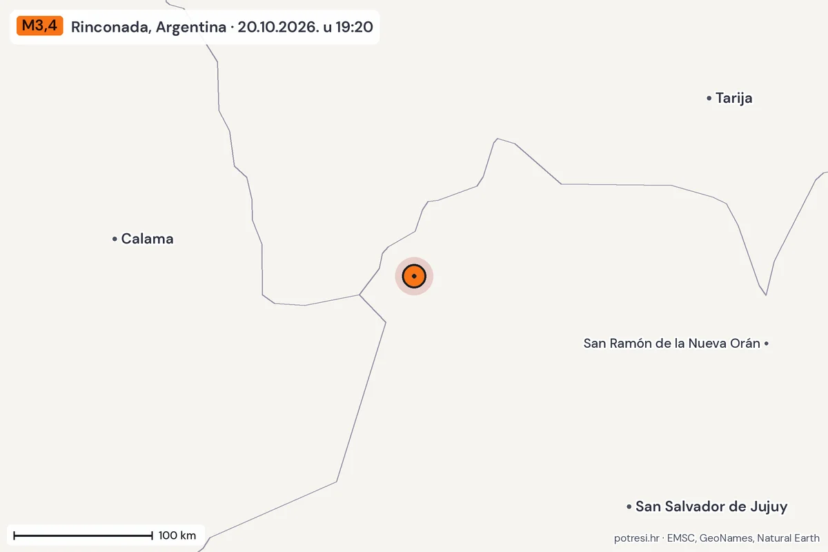 Karta: šire područje, 600 km, potres M3,4, Rinconada, Argentina, 20.10.2026.