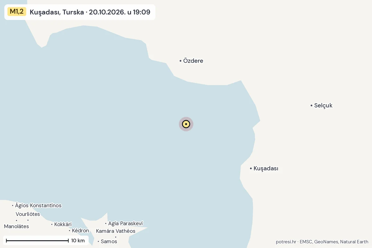Karta: okolica epicentra, 60 km, potres M1,2, Kuşadası, Turska, 20.10.2026.