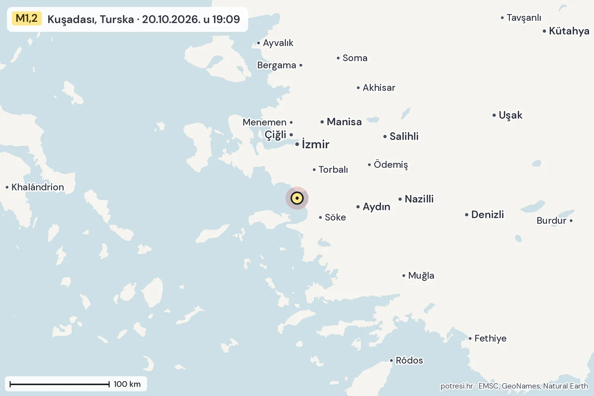 Karta: šire područje, 600 km, potres M1,2, Kuşadası, Turska, 20.10.2026.