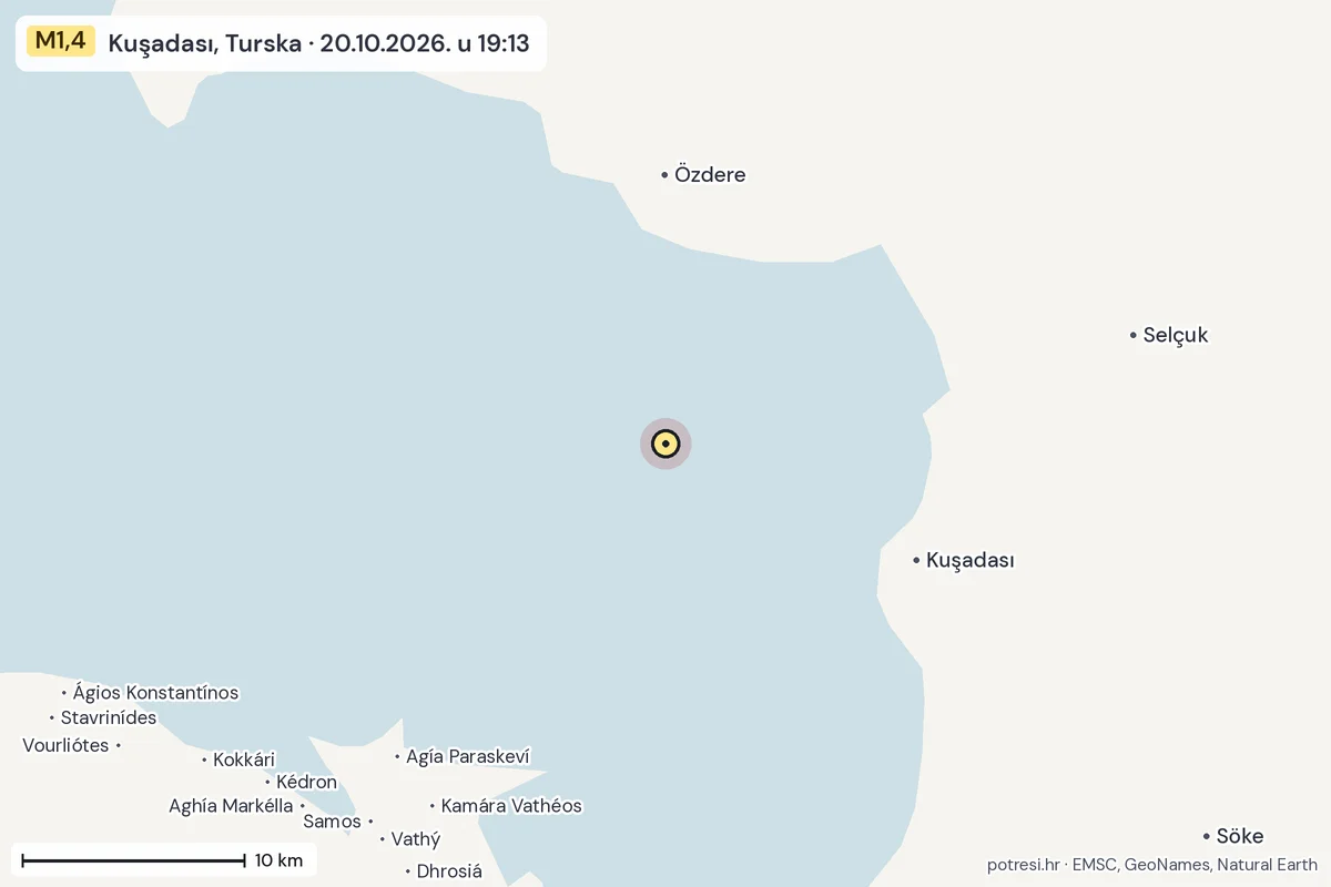 Karta: okolica epicentra, 60 km, potres M1,4, Kuşadası, Turska, 20.10.2026.