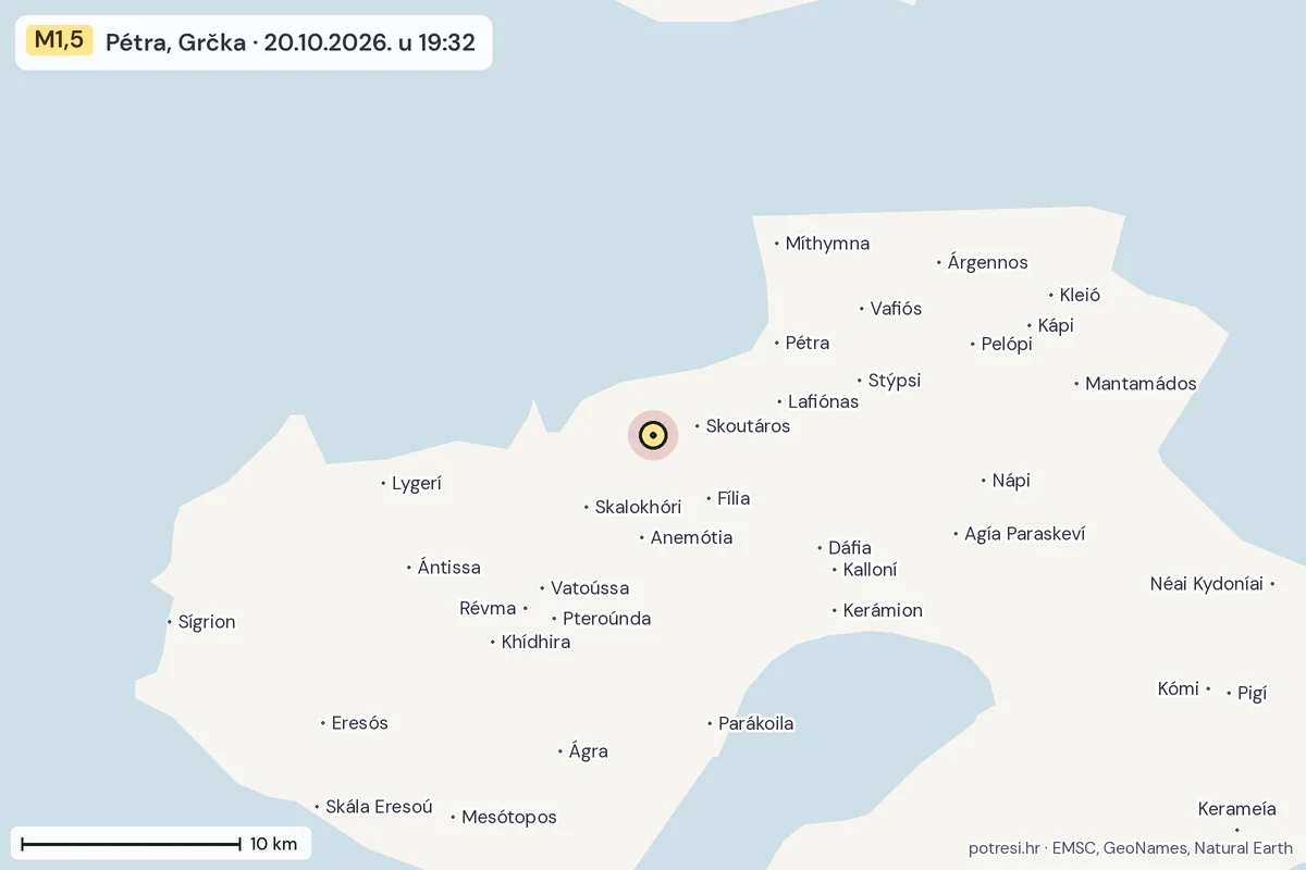 Karta: okolica epicentra, 60 km, potres M1,5, Pétra, Grčka, 20.10.2026.