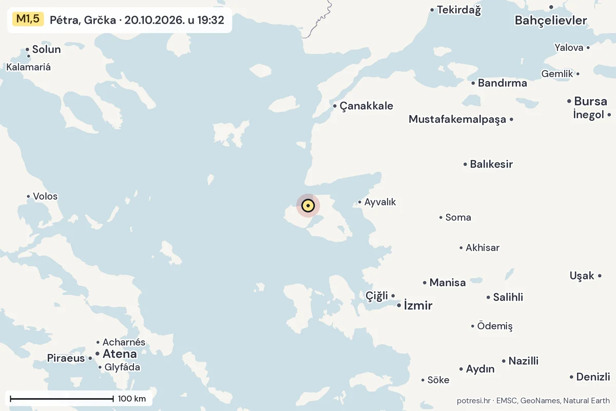 Karta: šire područje, 600 km, potres M1,5, Pétra, Grčka, 20.10.2026.