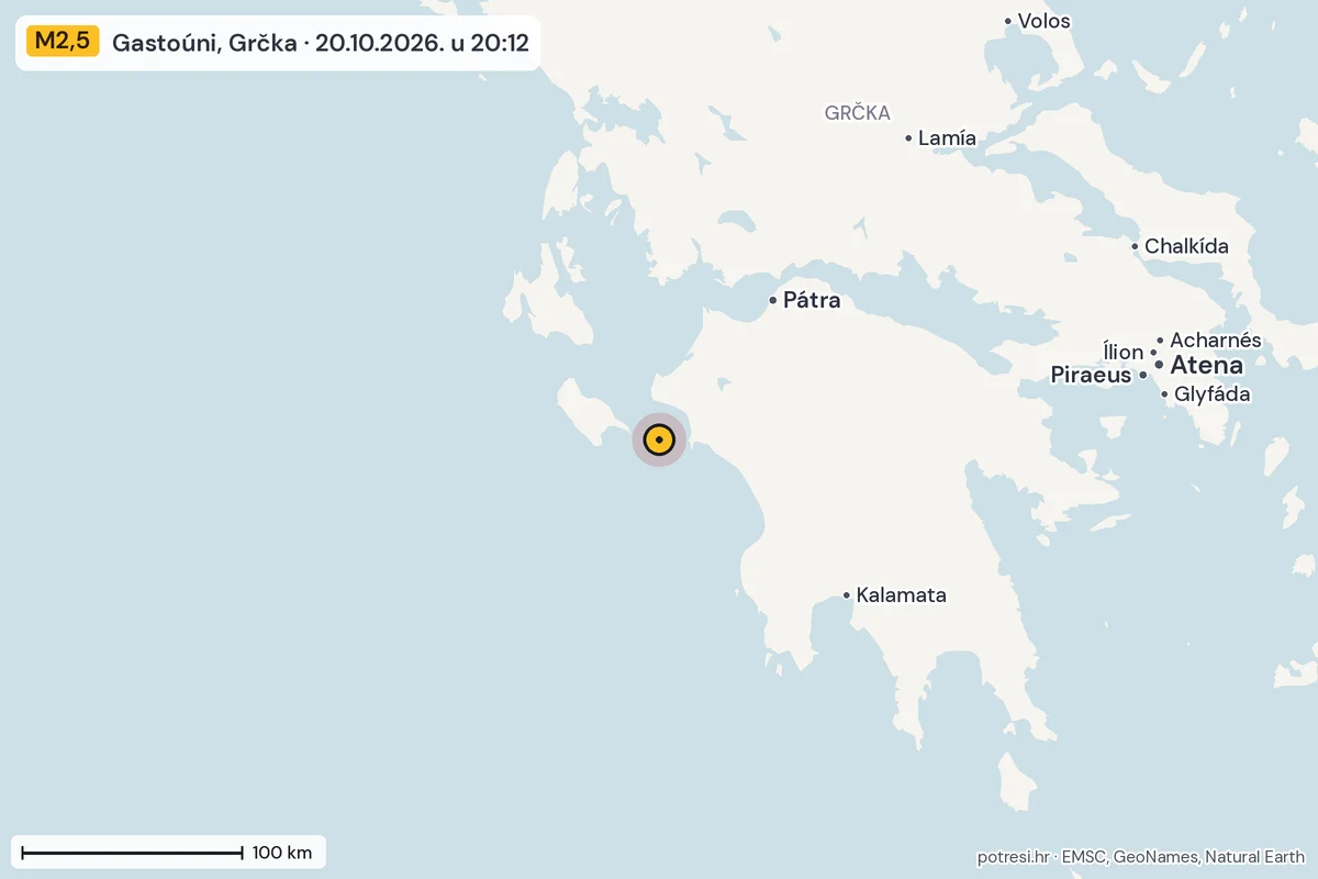 Karta: šire područje, 600 km, potres M2,5, Gastoúni, Grčka, 20.10.2026.