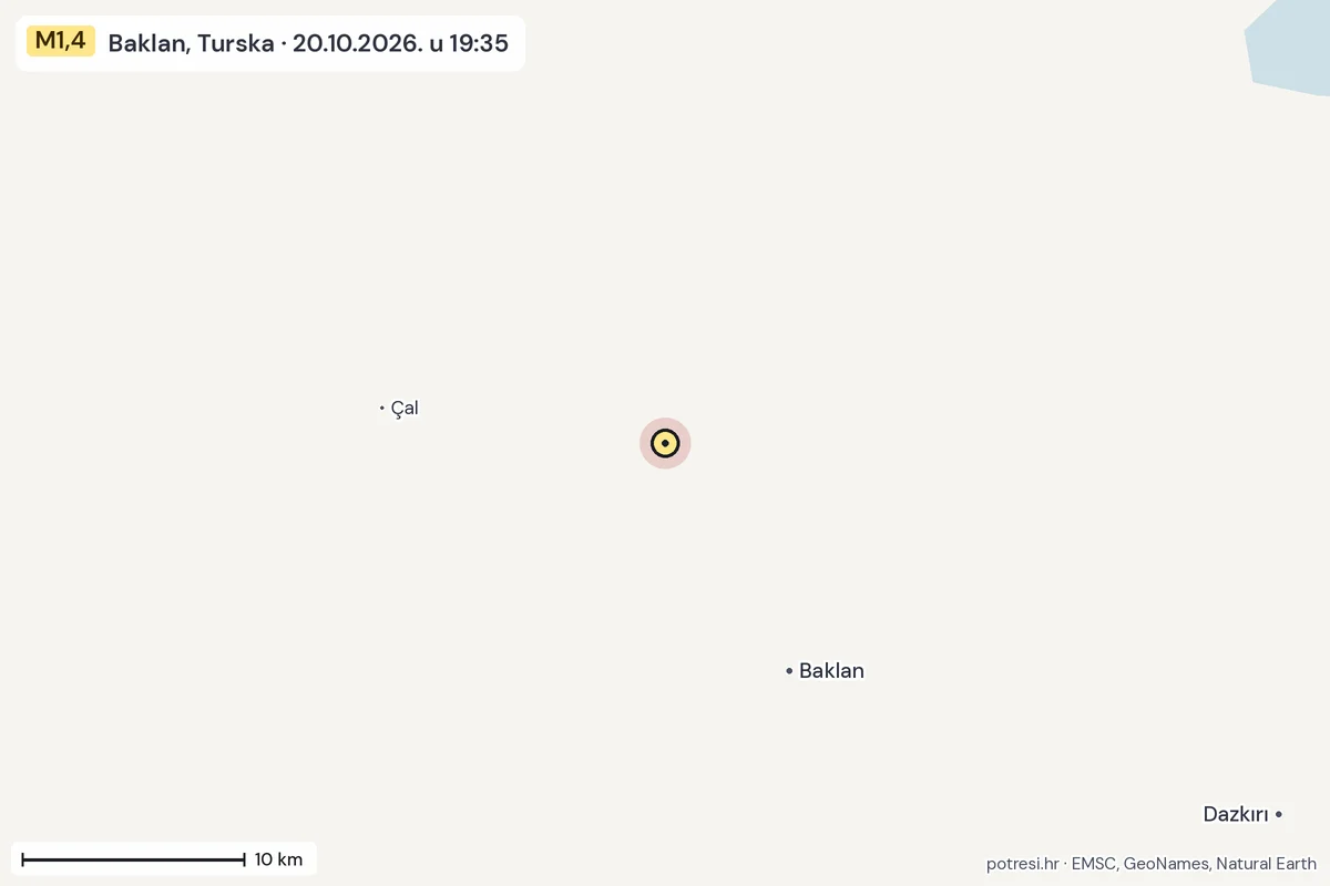 Karta: okolica epicentra, 60 km, potres M1,4, Baklan, Turska, 20.10.2026.