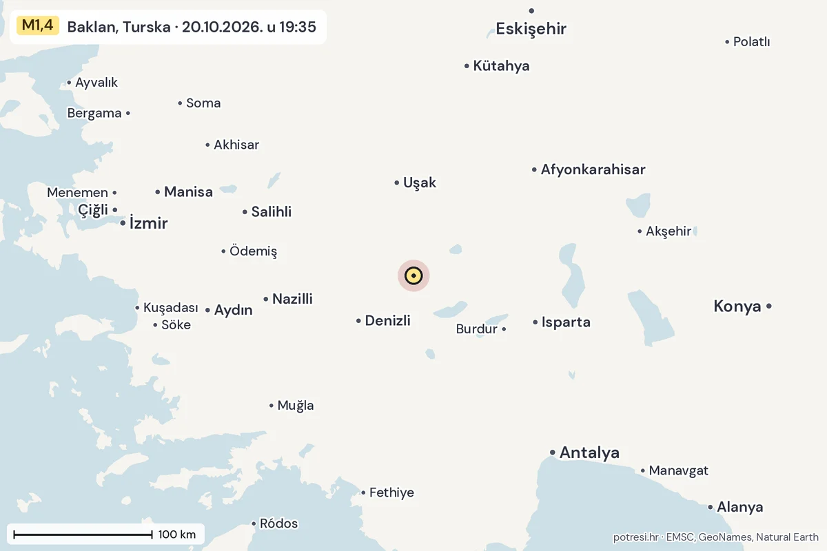 Karta: šire područje, 600 km, potres M1,4, Baklan, Turska, 20.10.2026.