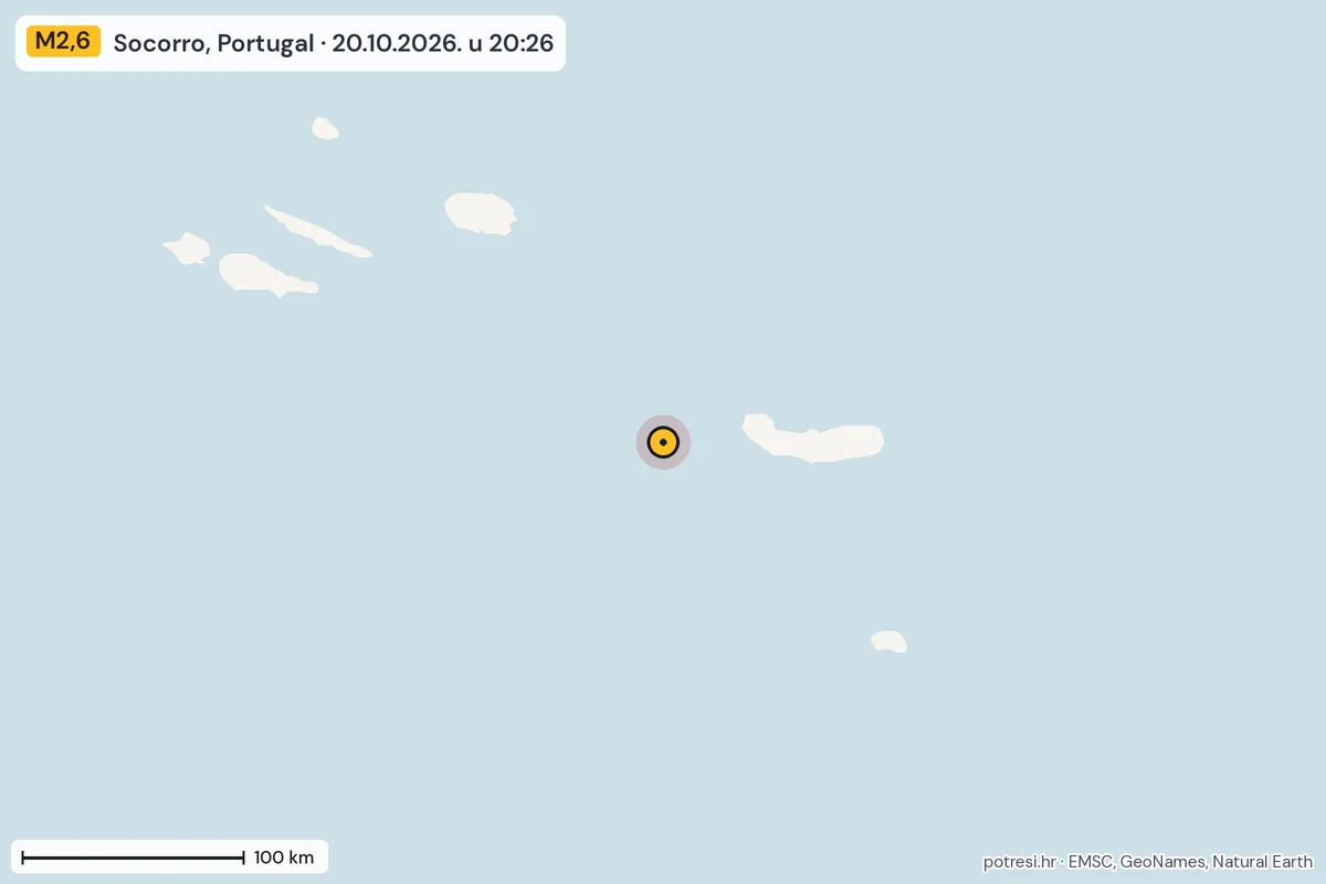 Karta: šire područje, 600 km, potres M2,6, Socorro, Portugal, 20.10.2026.