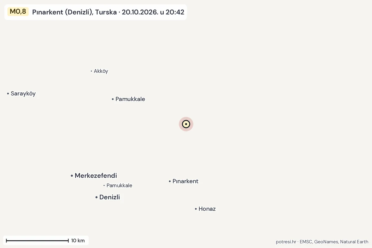 Karta: okolica epicentra, 60 km, potres M0,8, Pınarkent (Denizli), Turska, 20.10.2026.
