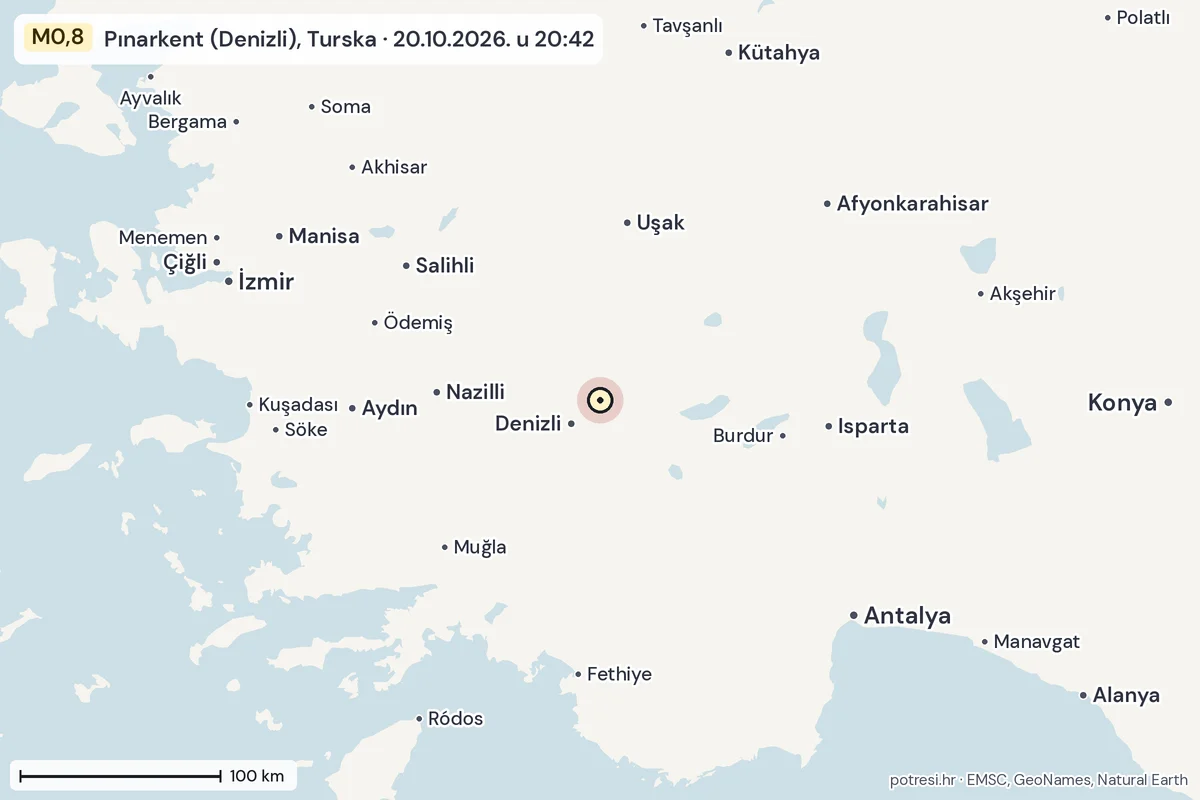 Karta: šire područje, 600 km, potres M0,8, Pınarkent (Denizli), Turska, 20.10.2026.