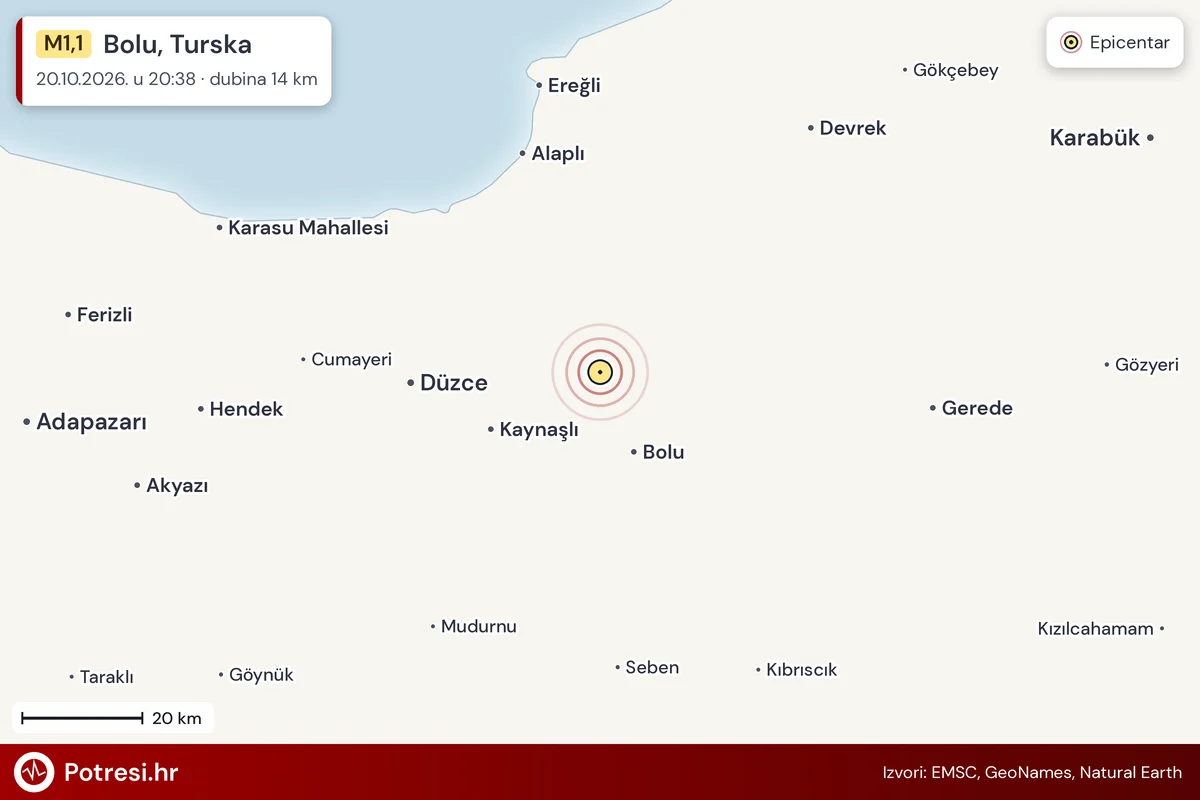 Karta: šire područje i vjerojatni doseg osjeta, potres M1,1, Bolu, Turska, 20.10.2026.