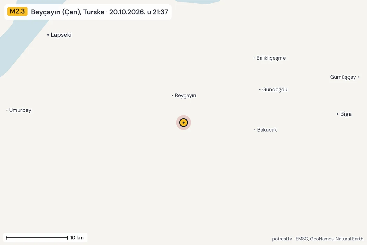 Karta: okolica epicentra, 60 km, potres M2,3, Beyçayırı (Çan), Turska, 20.10.2026.