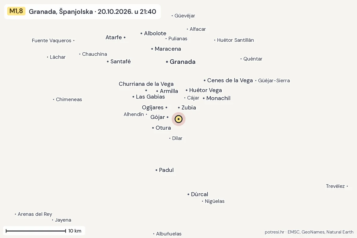 Karta: okolica epicentra, 60 km, potres M1,8, Granada, Španjolska, 20.10.2026.