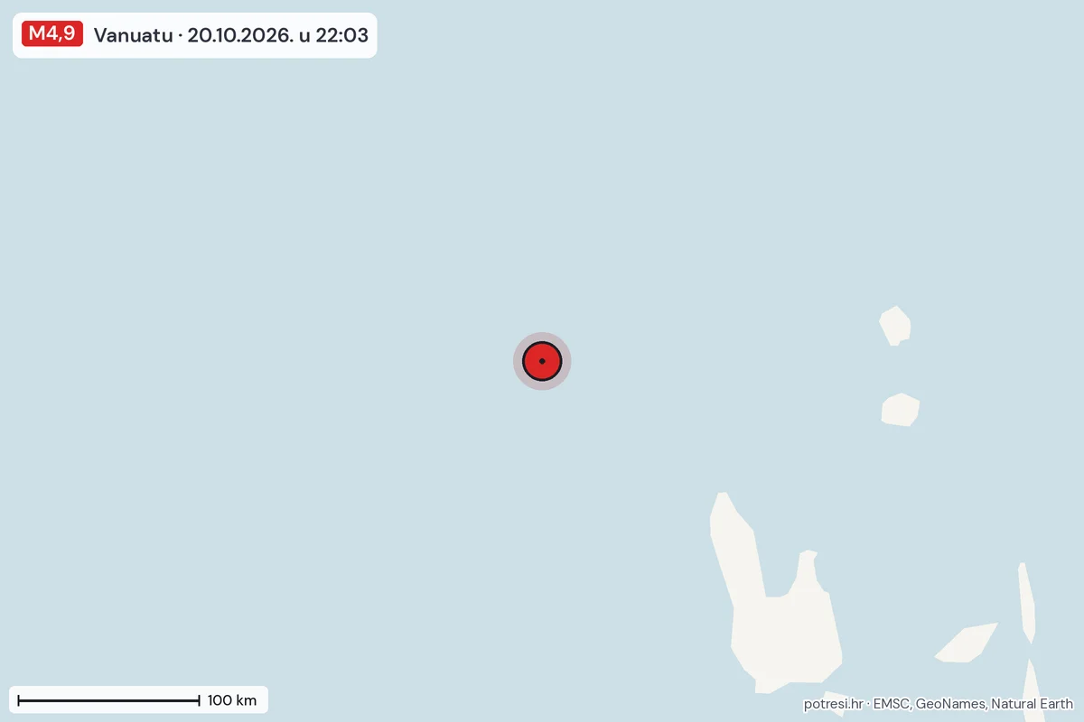 Karta: šire područje, 600 km, potres M4,9, Vanuatu, 20.10.2026.