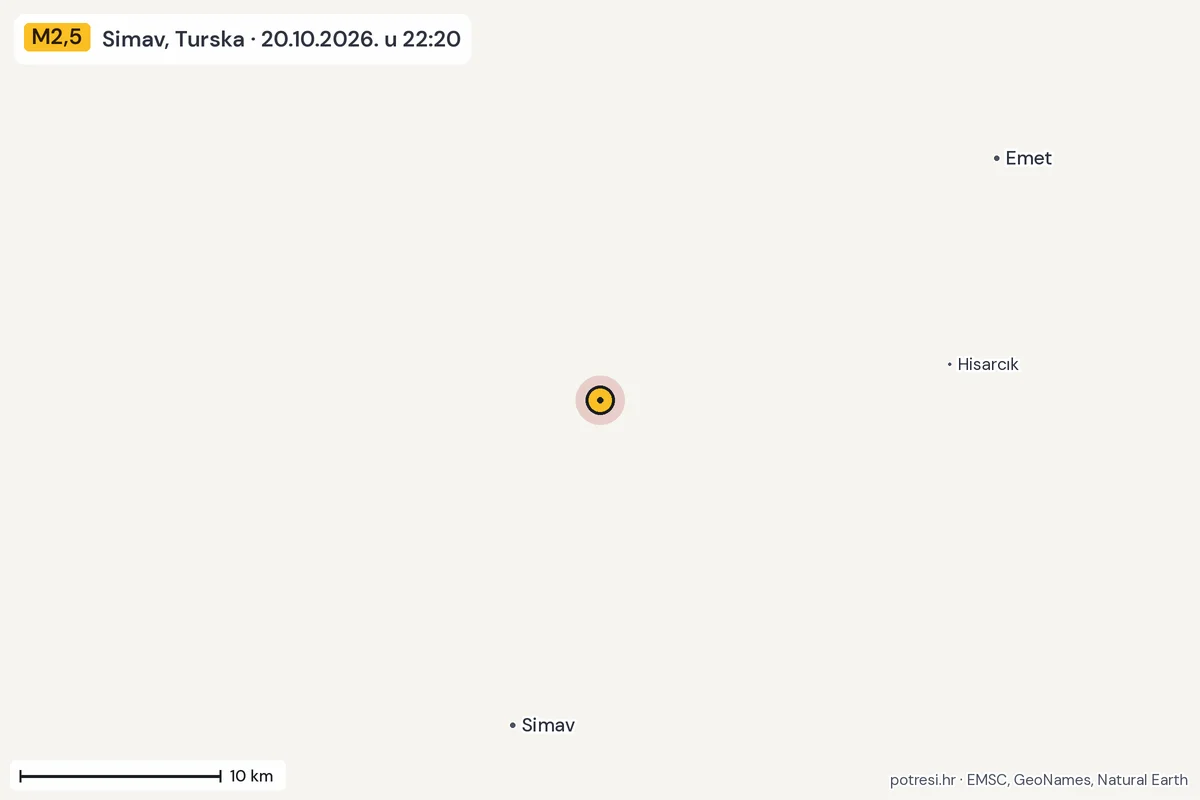 Karta: okolica epicentra, 60 km, potres M2,5, Simav, Turska, 20.10.2026.