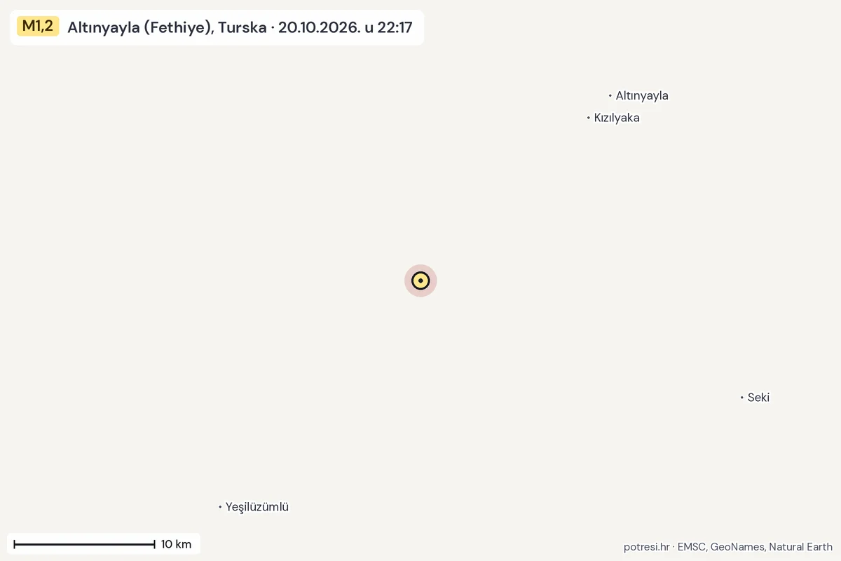 Karta: okolica epicentra, 60 km, potres M1,2, Altınyayla (Fethiye), Turska, 20.10.2026.